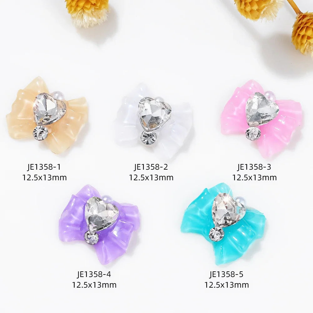 10pcs Resin Bowknots Glass Heart Diamonds Nail Charms Shiny Cute Bowknots Japanese Nail Jewelry Women Nail Art Decor Accessories