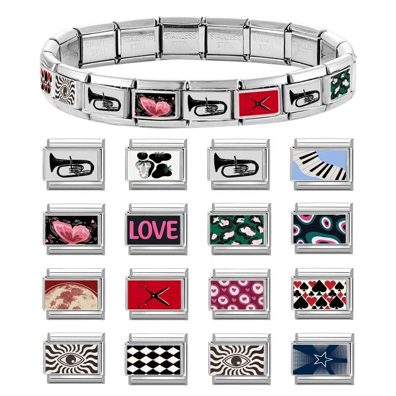 New Pink Black Butterfly Love Hearts Stars Italian Links Charm Fit 9mm Jewelry Stainless Steel Making DIY Fashion Bracelets Bead