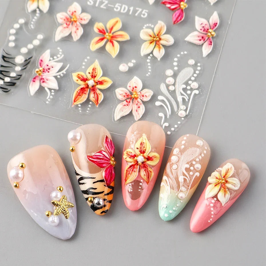 1/2pcs 5D Embossed Flowers Nail Art Stickers Lily Hibiscus with French Leopard Print Design of Spring & Summer Nail Decoration