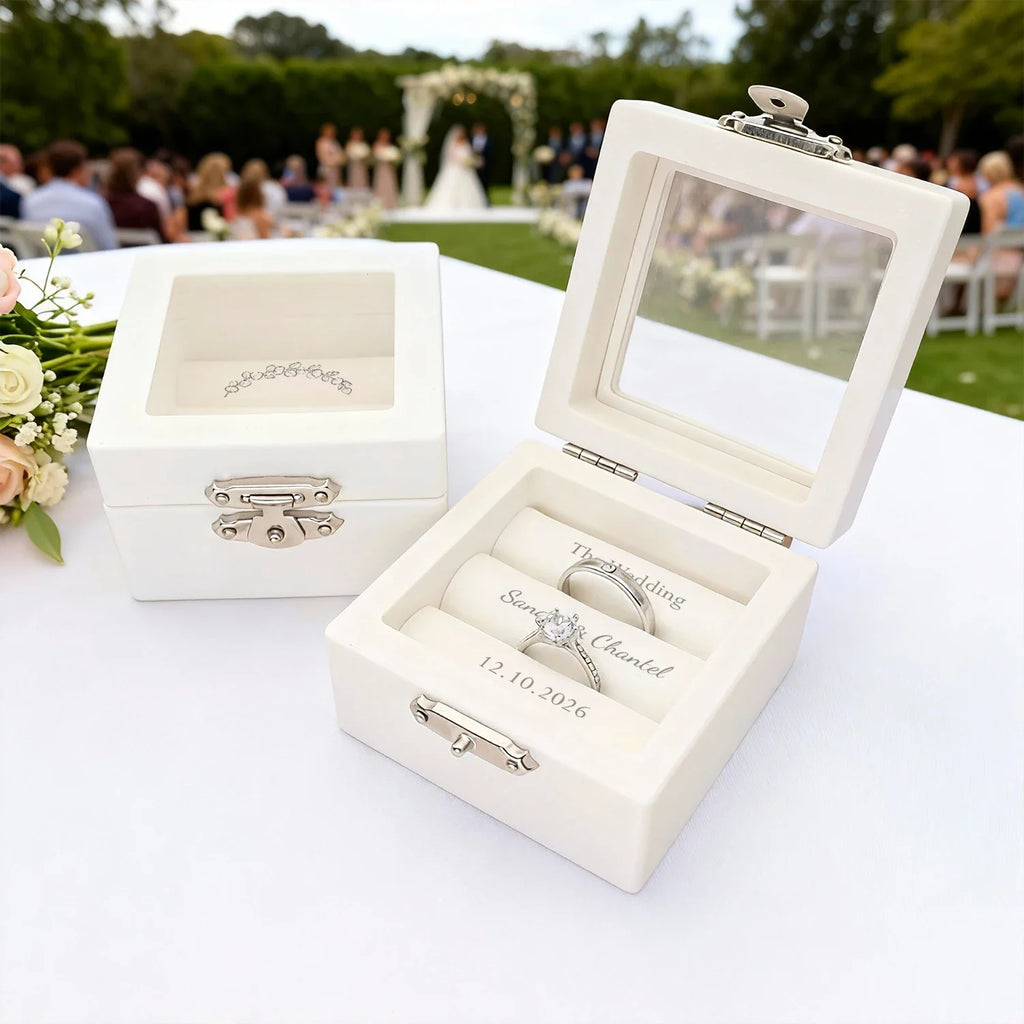 Wedding Ring Box Personalized White Customized Wedding Ring Holder Ceremony Ring Box Custom Name Ring Box