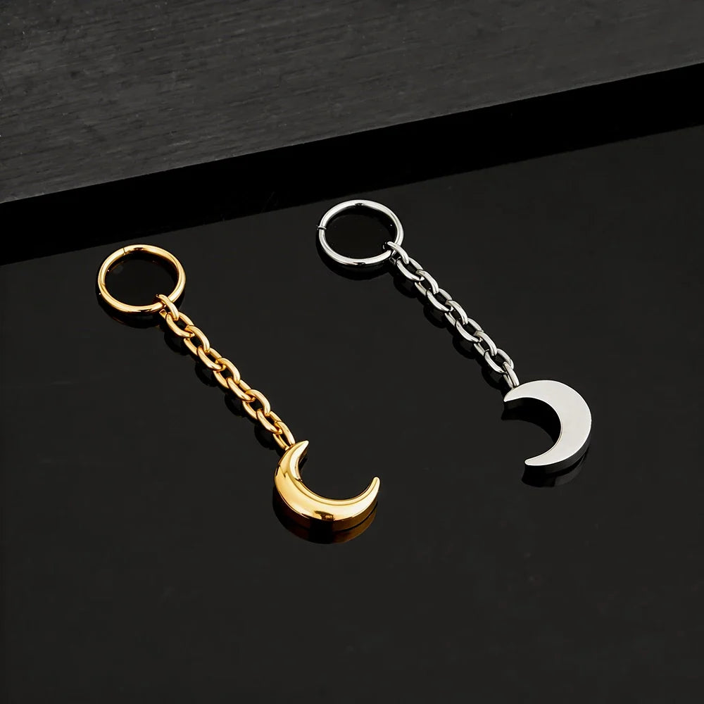 Right Grand ASTM F136 Titanium Tiny Moon Dangle Charm Earring Drop Chain Celestial Cartilage Helix Lobe Conch Clicker Connector