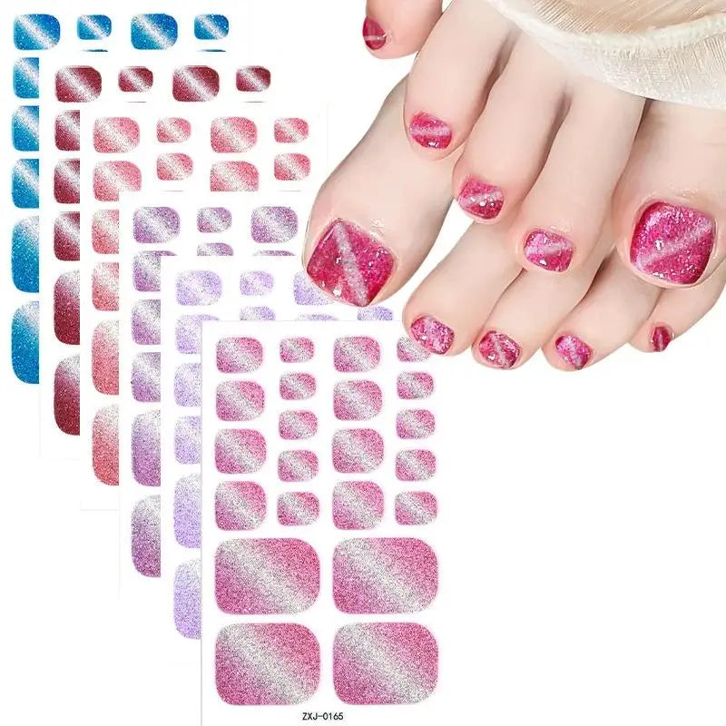 Toe Nail Stickers Full Nail Wraps Gradient Glitter Toenail Polish Strips for Women Shiny Self Adhesive Polish Gel Toenail Decals