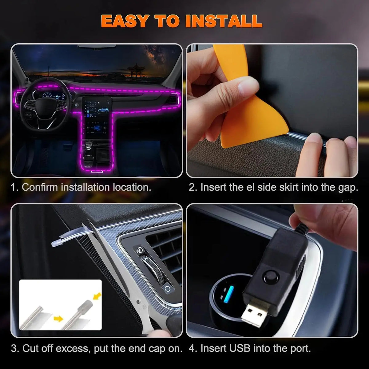 Car LED Strip Lights 196.85inch USB Neon Ambient Lighting Kit With Switch Noiseless For Interior Car Decorations