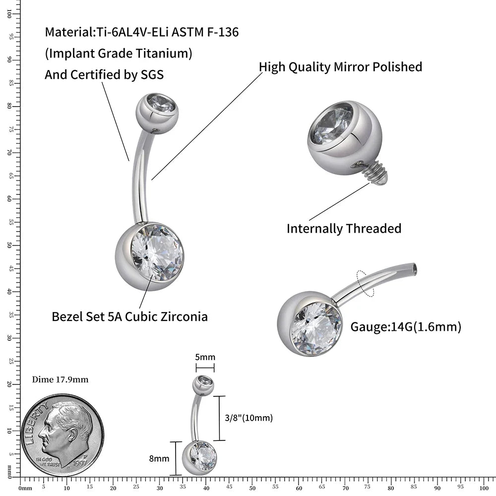 Right Grand Implant Grade Titanium 14G Internally Threaded Press Fit Clear Curved Belly Button Rings