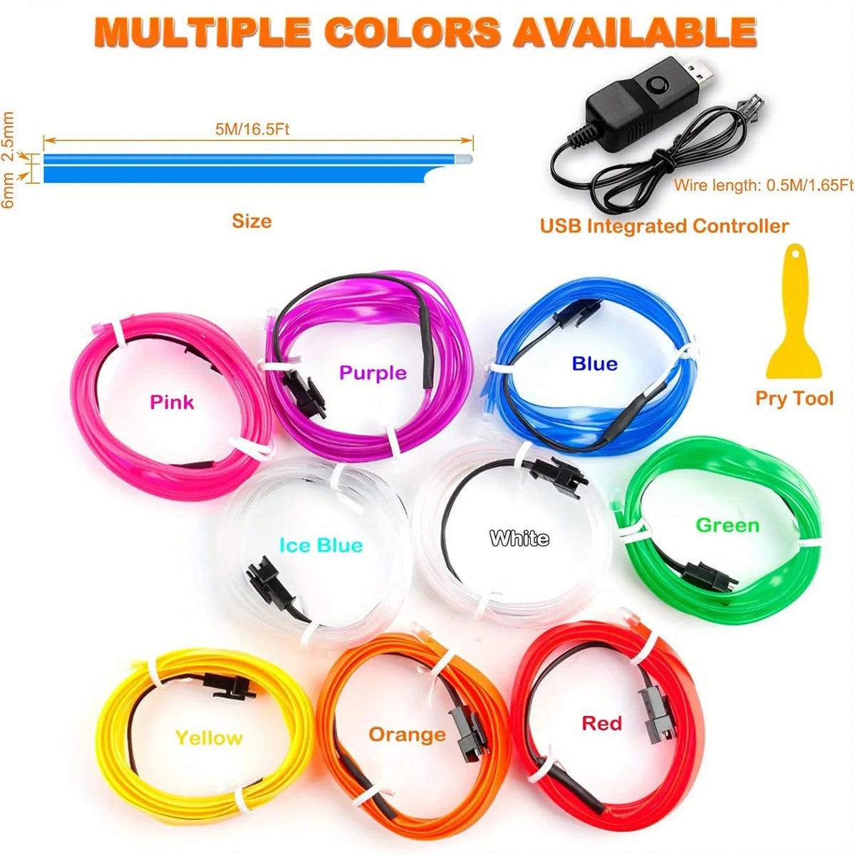 Car LED Strip Lights 196.85inch USB Neon Ambient Lighting Kit With Switch Noiseless For Interior Car Decorations