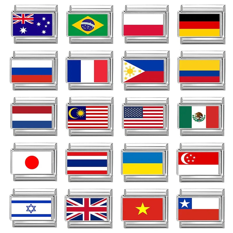 2025New Colorful World National Flag Photo Italian Charm Link Fit 9mm Women Men Bracelet Stainless Steel Jewelry Making Bead DIY