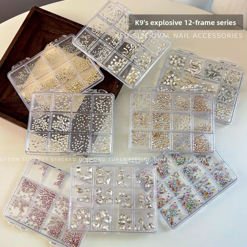 12 Grids Shiny Mixed Zircon Nail Rhinestones Round Transparent Nail Gems Irregular Nail Diamonds Manicure Decor Supplies