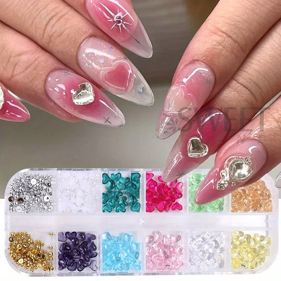 12 Grids Heart Shape Nail Art Charms Transparent Love Heart Resin Jewelry Pearl Half Bead Valentine's Decor Manicure Rhinestone