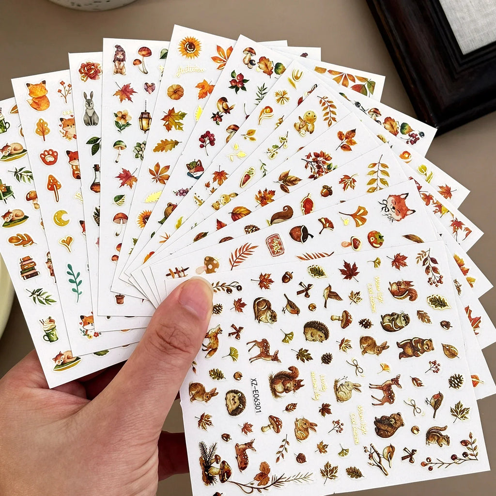 12Pcs Autumn Maple Leaves Animal Nail Stickers Mixed Cartoon Fox Deer Squirrel Adhesive Nail Decals DIY Fall Manicure Decoration