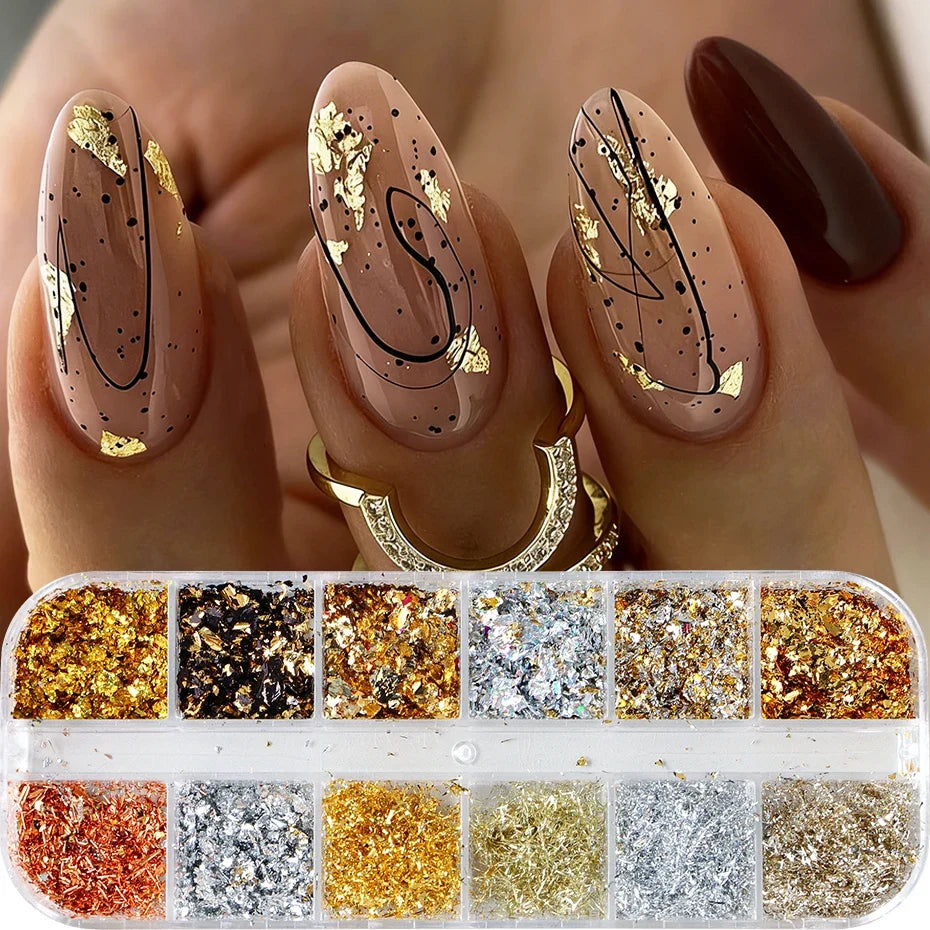 12 Grids Golden Silvery Foils Glitter Nail Art Flakes Sequins Gorgeous Nails Glitter Irregular Sparkles Flakes  Nail Art Decor