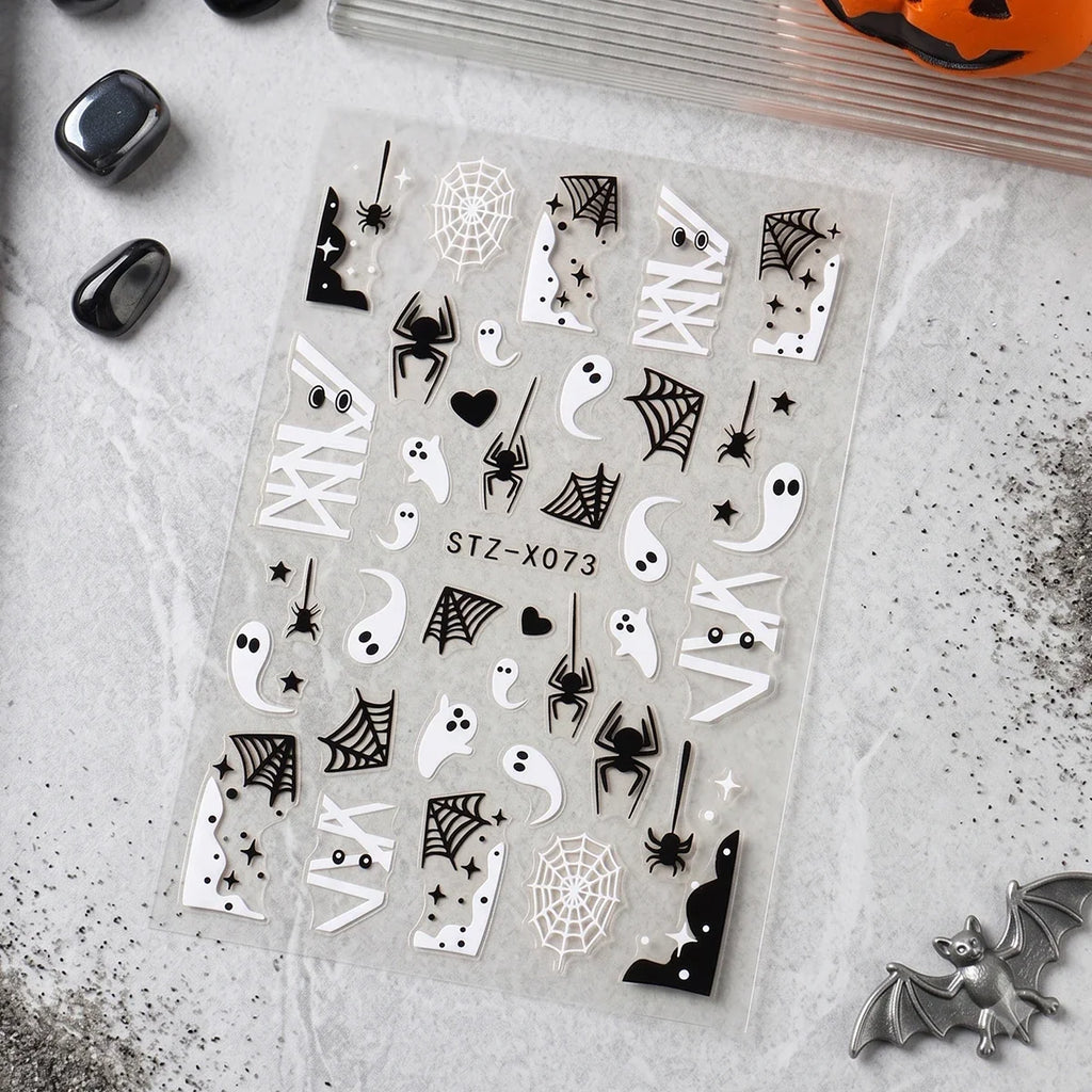 4pcs Black White Ghosts Halloween Nail Decals Cute Gothic Style Cartoon Ghosts Spider Webs Nail Decals DIY Manicure Decorations