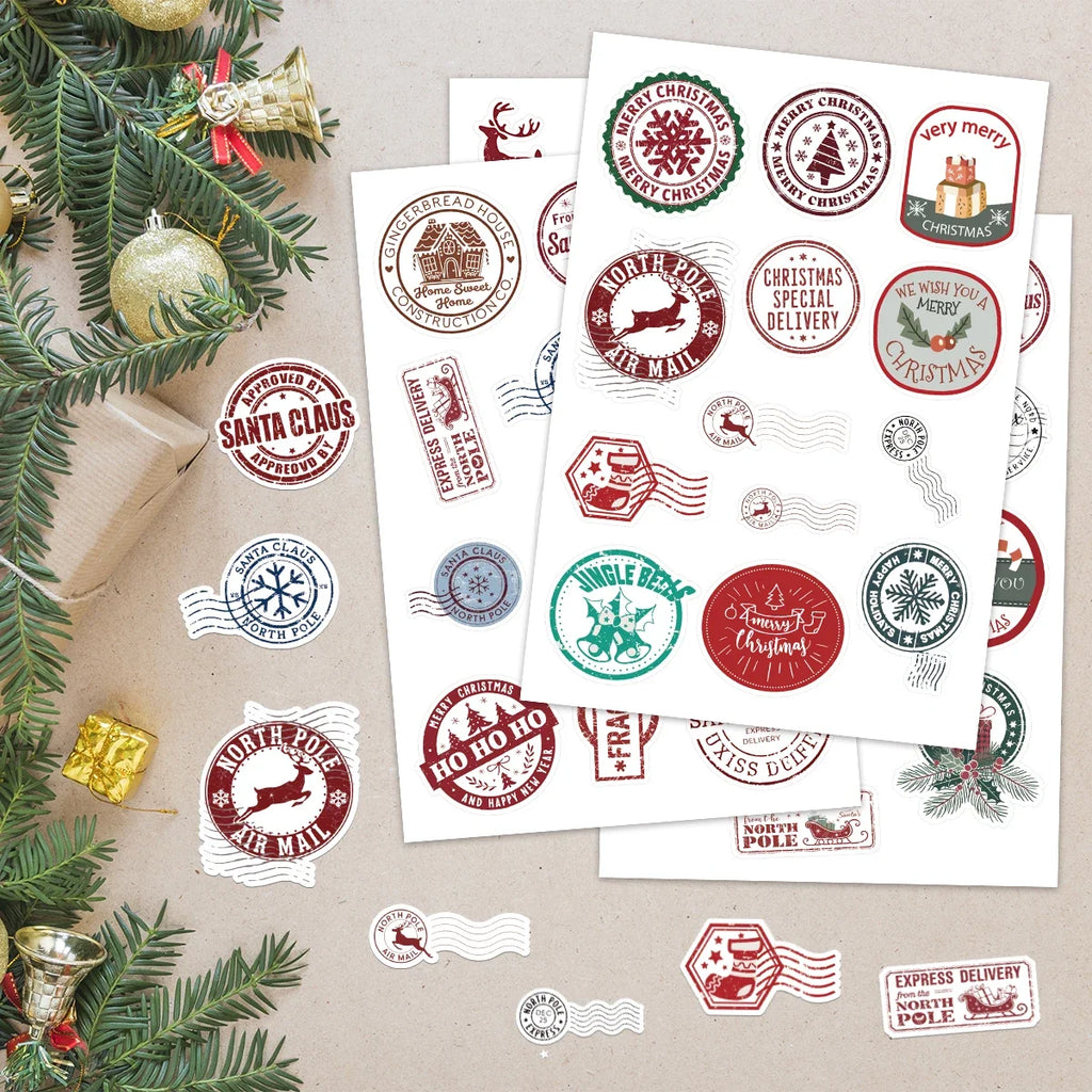 50pcs Christmas Stamps Graffiti Stickers for Envelope,DIY Crafts,Scrapbook, Self Adhesive Gift Sealing Sticker, Christmas Decor