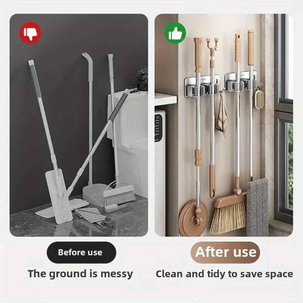 Self-Adhesive No-Drill Mop And Broom HolderStainless Steel Hooks for Kitchen Toilet Bathroom Organization Storage Solution