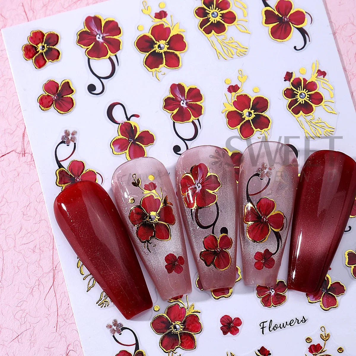 2pcs Bronzing Luxury Red Flowers Nail Stickers 3D Metallic Golden Line Vine Blooming Floral Adhesive Decals Manicure Foils Wraps