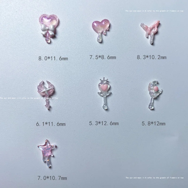 20pcs 3D Korean Kawaii Pink Resin Nail Art Charms Japanese Heart/Magic Wand Jewelry Nail Rhinestones Decorations Accessories DIY