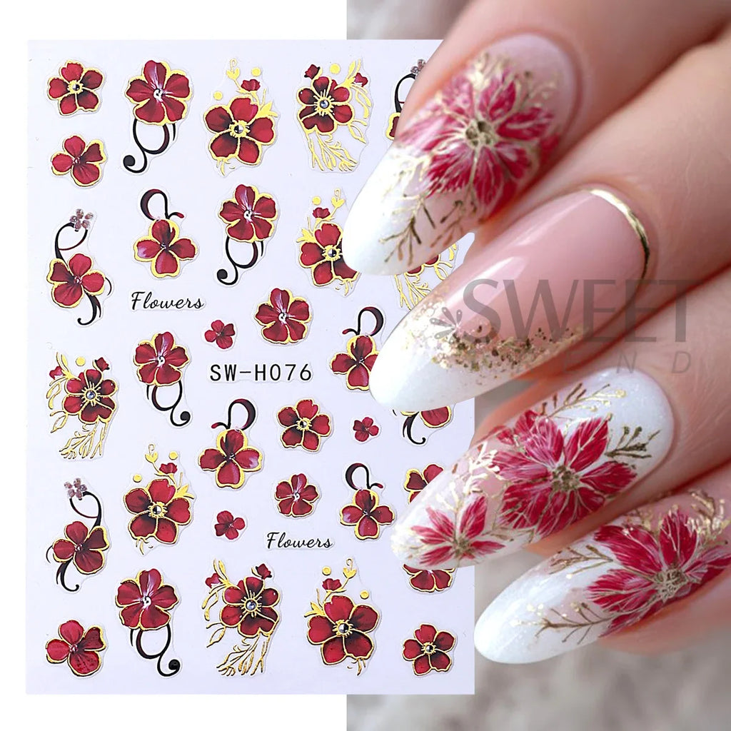 2pcs Bronzing Luxury Red Flowers Nail Stickers 3D Metallic Golden Line Vine Blooming Floral Adhesive Decals Manicure Foils Wraps
