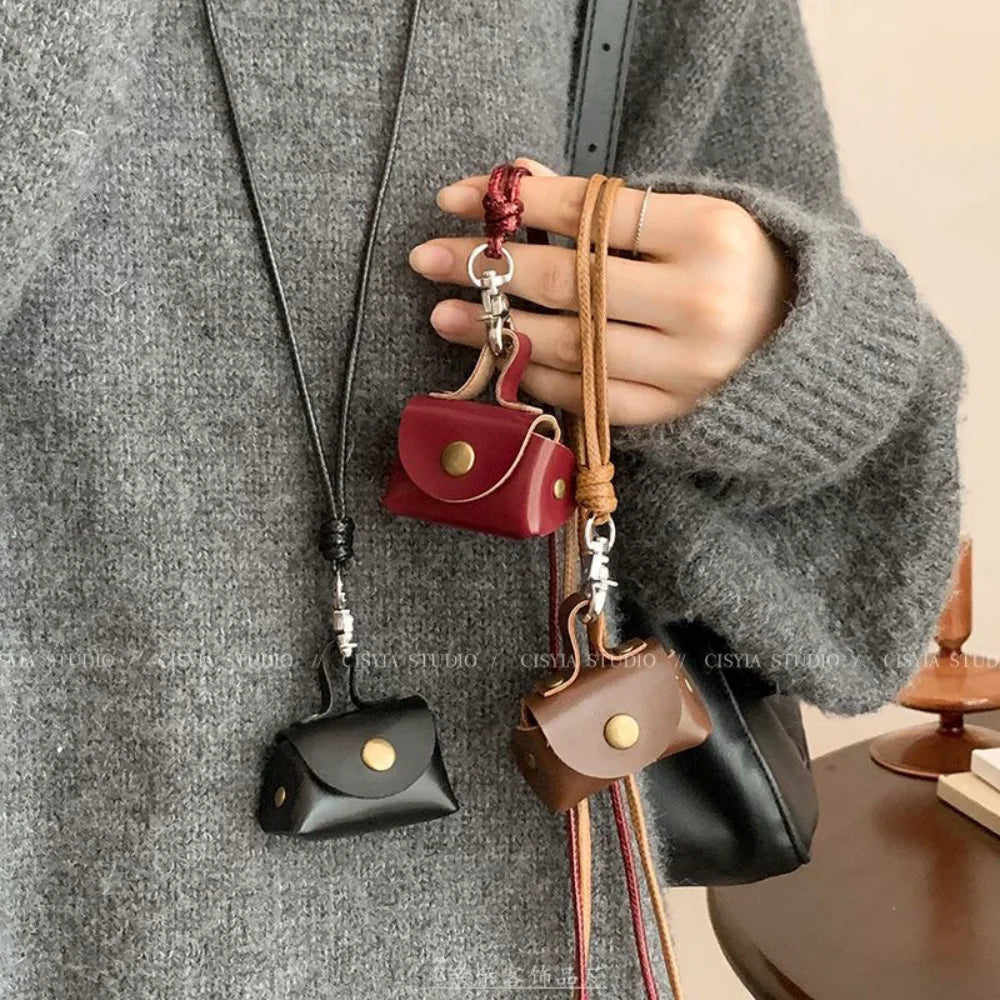 Retro Cute Small Leather Bag Long Necklace for Women Fashion Sweater Chain Neck Hanging Jewelry Versatile Accessory Party Gifts