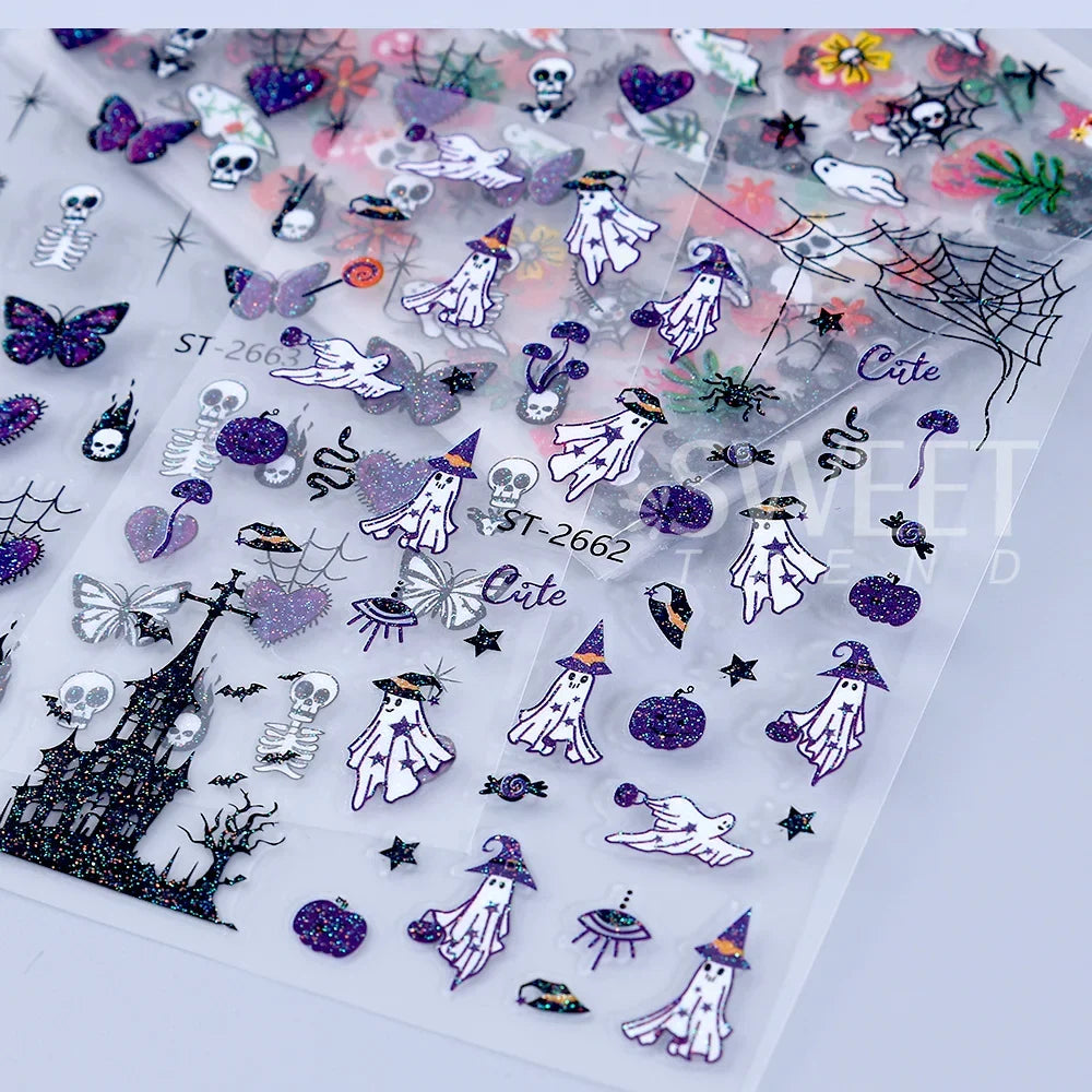 SWEET TREND-12pcs 3D Halloween Nail Stickers Cute Pumpkin Ghost Spider Skull Bow Flower Design Nail Slider Decals Manicure Decor