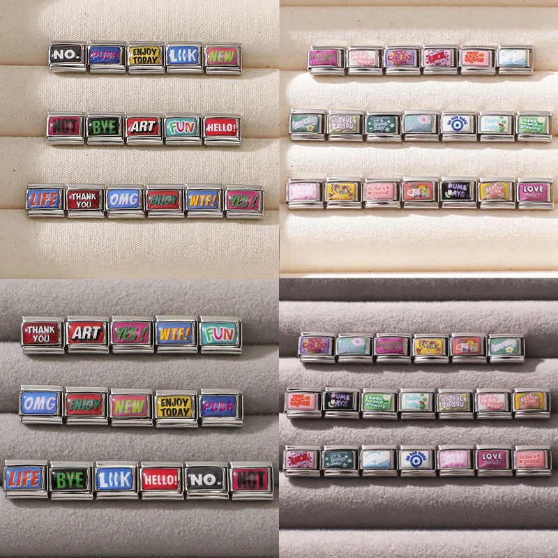 2025 Women's Fashions Colorful English Words LIFE OMG BYE NO Italian Charm Links Fit 9mm Stainless Steel Bracelet Making Jewelry
