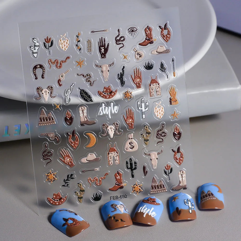 Morocco Style Exotic Nail Decals 5D Adhesive Nail Supplies Snake Cowboy Clothing Cow Nail Sticker Decals Women Manicure Slider