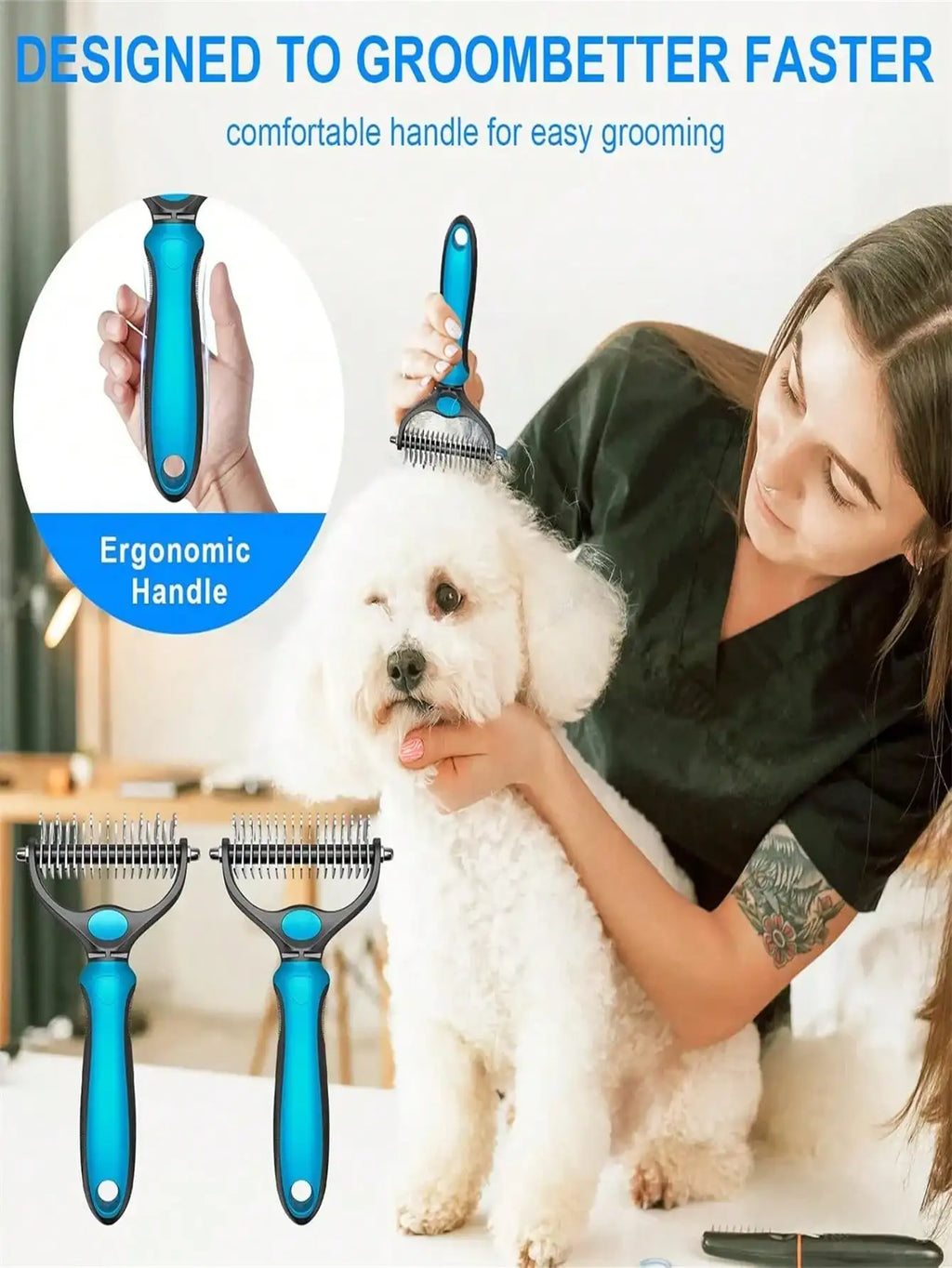 Ergonomic Double-Sided Undercoat Rake - Comfort Grip Dematting & Deshedding Brush Tool, Stainless Steel Teeth, Gentle on Skin, I