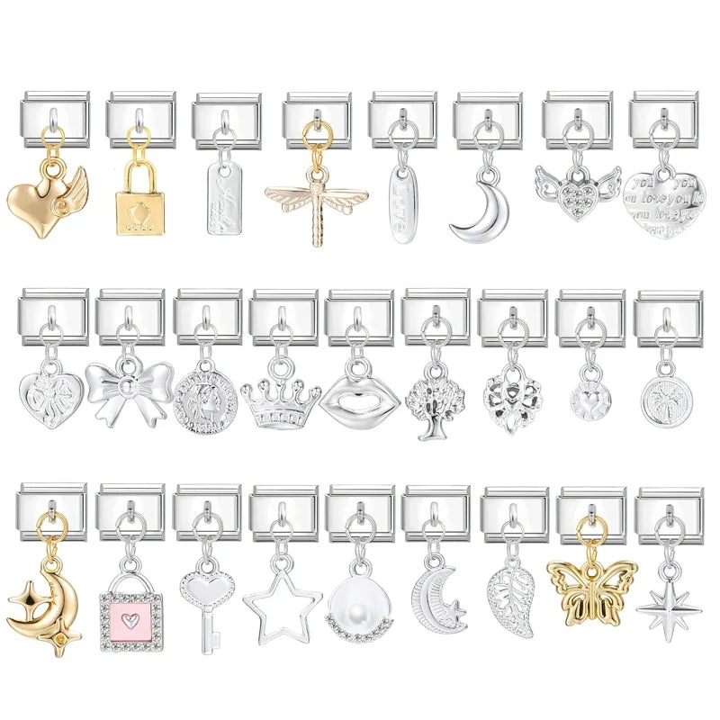 Unique Love Wings Moon Keys Bow Knot Crown Italian Charm Link Fit 9MM Stainless Steel Bracelet Women Men DIY Making Gifts