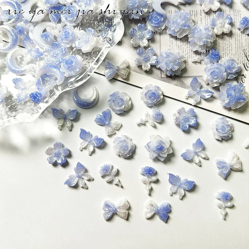 20pcs Kawaii Blue Gradient Resin Nail Art Charms Japanese Flower Butterfly Nail Decorations DIY Acrylic Rhinestones Accessories