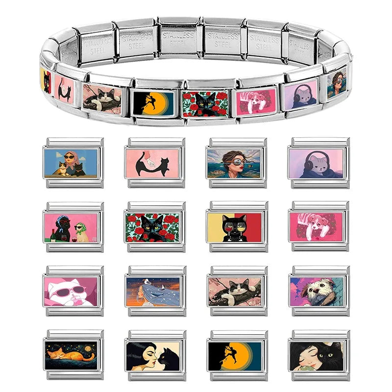 Wholesale Fashion Personalized DIY Colored Italian Charm Bracelet Red Rose Flower Cats Bead 9mm Bracelet Stainless Steel Jewelry