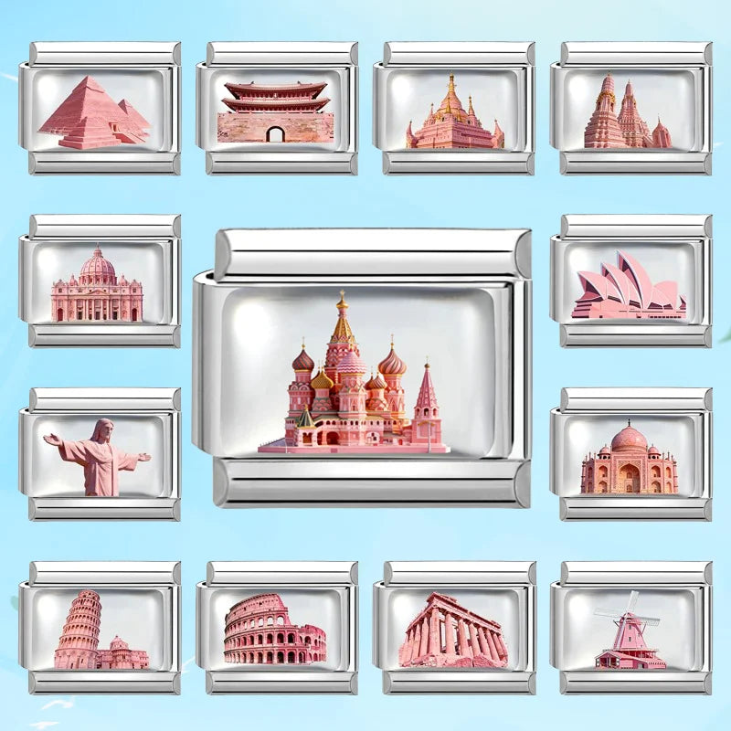 2026 World Scenery Saint Basil's Cathedral St. Peter's Basilica‌ Italian Charm Links Fit 9MM Stainless Steel Bracelet DIY Making