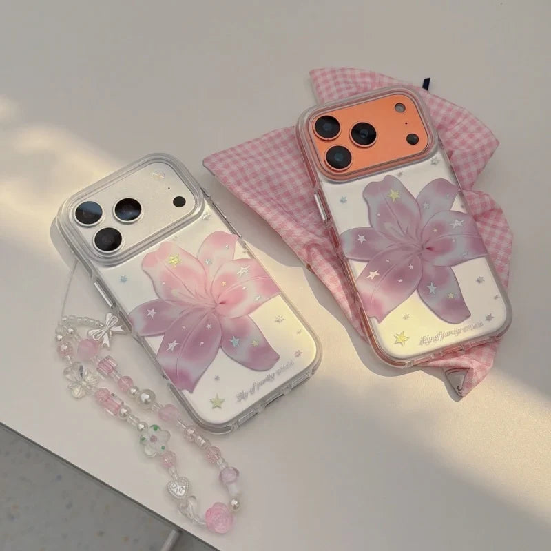 Pink Lily Flower Pattern IMD Silver Mobile Phone Case with Chain for iPhone 18, 17,  6, 15, 14, 13, Pro, Promax, Shockproof