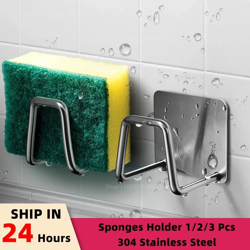 Kitchen Sponges Holder Self Adhesive Sink Sponges Drain Drying Rack Stainless Steel Holder Sink Organizer Kitchen Accessories