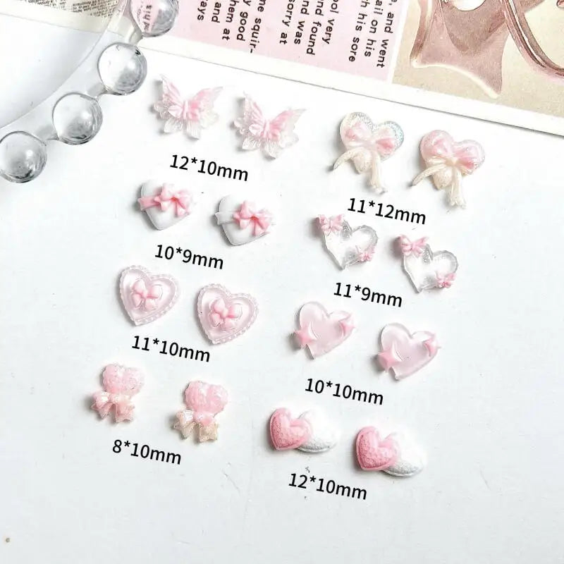 30PCS Double Heart Butterfly Pink Series Nail Art Charms Luminous Translucent Bow Four-pointed Star  Resin Nail Decorations DIY