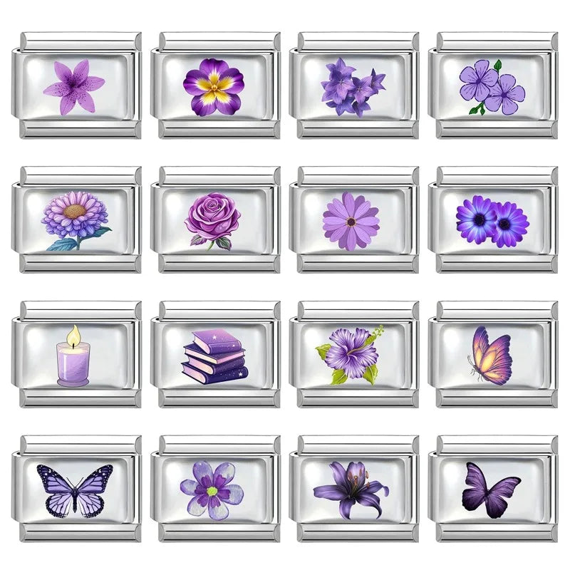2026 Women's UV Style Purple 3D Flowers Books Candle Italian Charm Link Fit 9mm Stainless Steel Module Bracelet Making Jewelrys