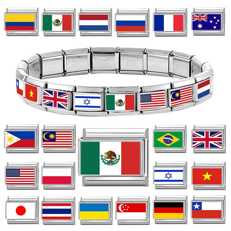 2025 Fashion Photo Italian Charm Bracelet 9mm Diy Color National Flag Series of Each Country Mexico,America,Britain,Italy,Israel