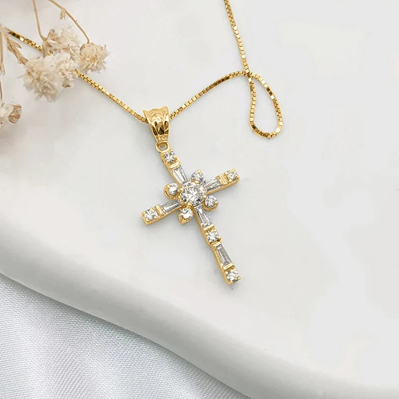 Huitan Fashionable Cross Pendant Necklace for Women Brilliant Cubic Zirconia Luxury Wedding Accessories Exquisite Neck Jewelry