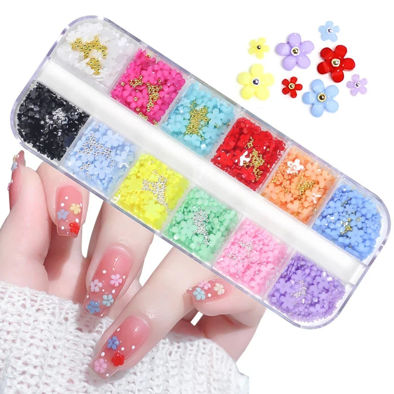 3D Acrylic Flowers Nail Charms Resin Five-petal Flowers Nail Art Decorations With Nail Ball Luxury Nail Rhinestones DIY Manicure
