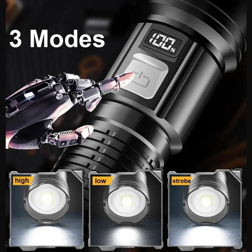 Bright LED Flashlight, USB Rechargeable Tactical Torch, Long Range Zoomable Waterproof Lamp for Camping Hiking Fishing Hunting