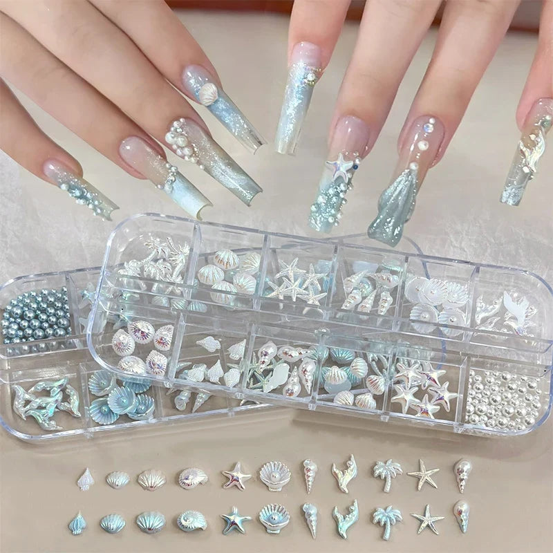 12 Grids Box Blue White Nail Charm Shell Starfish Mermaid Tail 3D Oceanic Manicure Nail Art DIY Salon Decoration Accessories