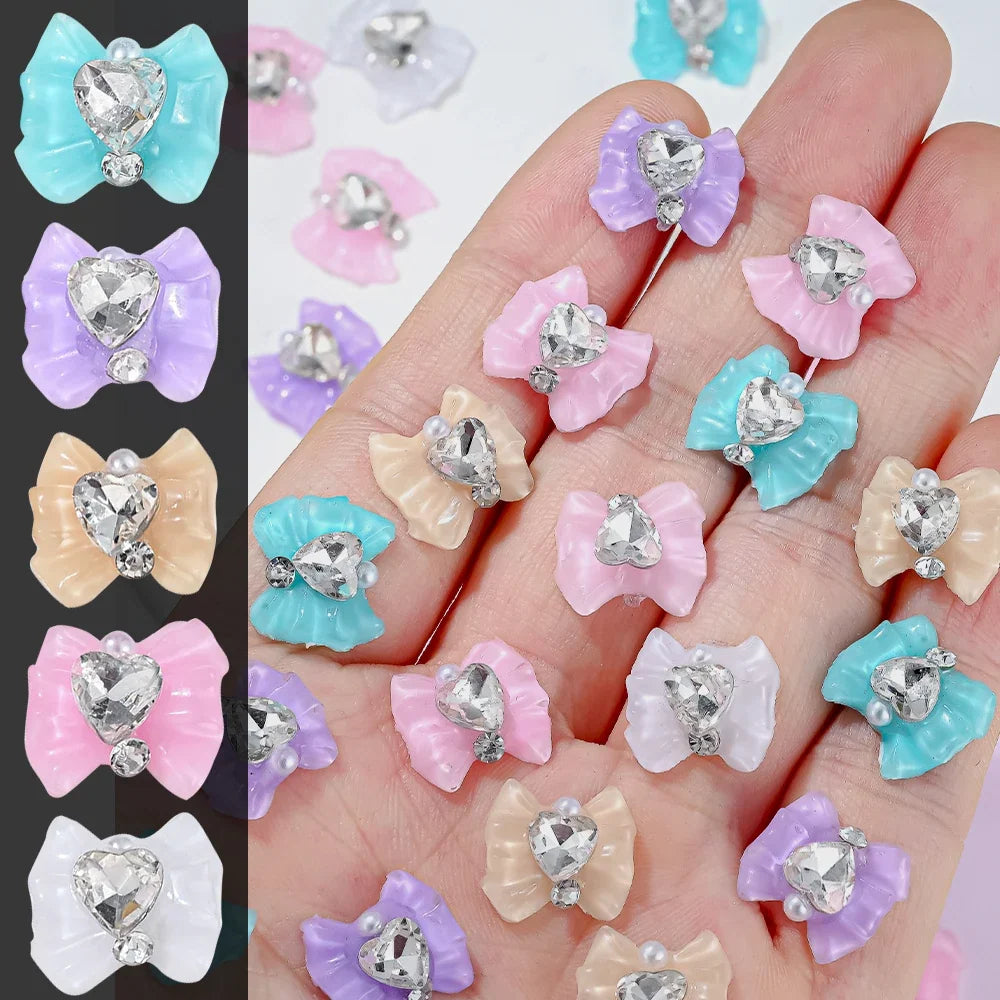 10pcs Resin Bowknots Glass Heart Diamonds Nail Charms Shiny Cute Bowknots Japanese Nail Jewelry Women Nail Art Decor Accessories