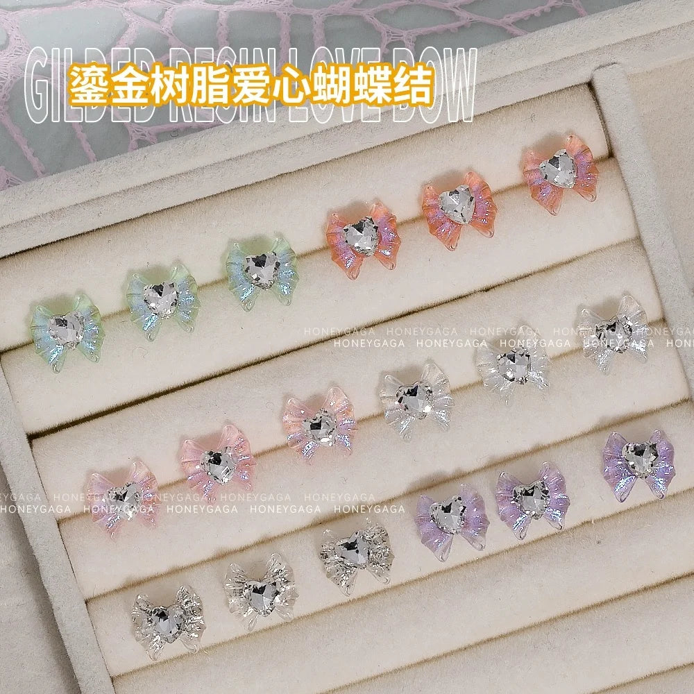 10pcs 3D White Glitter Bowknot Nail Art Charms Sparkle Ice Clear Resin Love Heart Diamond Nail Art Decorations Kawaii Nail Gems