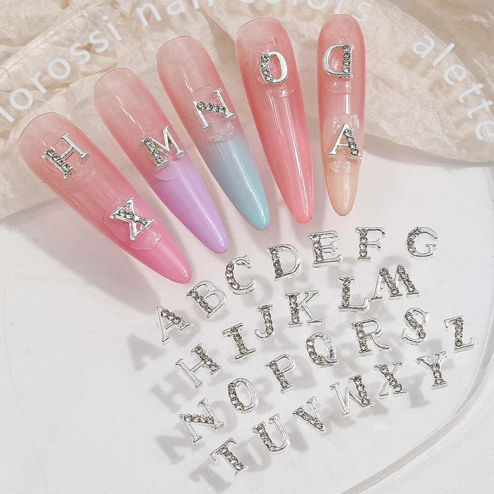 26Pcs Silver Rhinestone Alphabet Nail Charms Set-A-Z Letters Nail Gems,Custom Name Initial Nail Art Decorations for DIY Nail