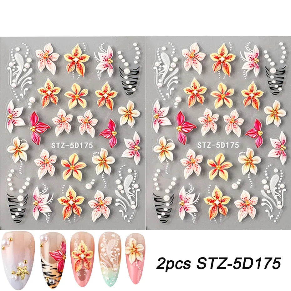1/2pcs 5D Embossed Flowers Nail Art Stickers Lily Hibiscus with French Leopard Print Design of Spring & Summer Nail Decoration