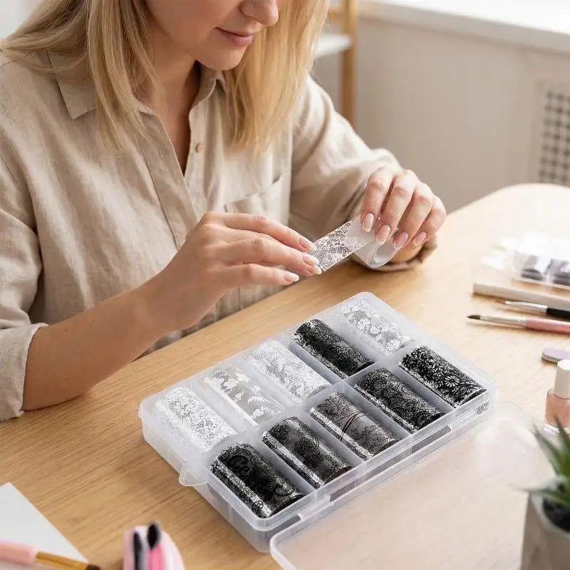 ✰✪Nail Art Transfer Foils Set Black White Red Lace Flowers Design Nail Stickers 10 Rolls DIY Manicure Decoration for Women