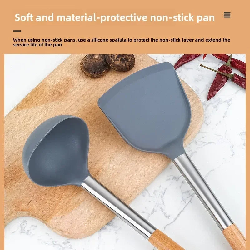 Silicone Kitchen Utensils, Silicone Spatula, Wooden Handle, Silicone Soup Spoon, Leak-Proof Spatula, Non-Stick Pan