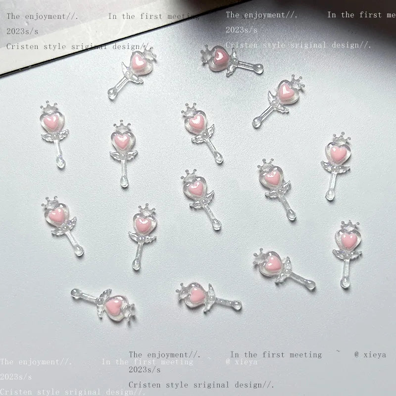 20pcs 3D Korean Kawaii Pink Resin Nail Art Charms Japanese Heart/Magic Wand Jewelry Nail Rhinestones Decorations Accessories DIY