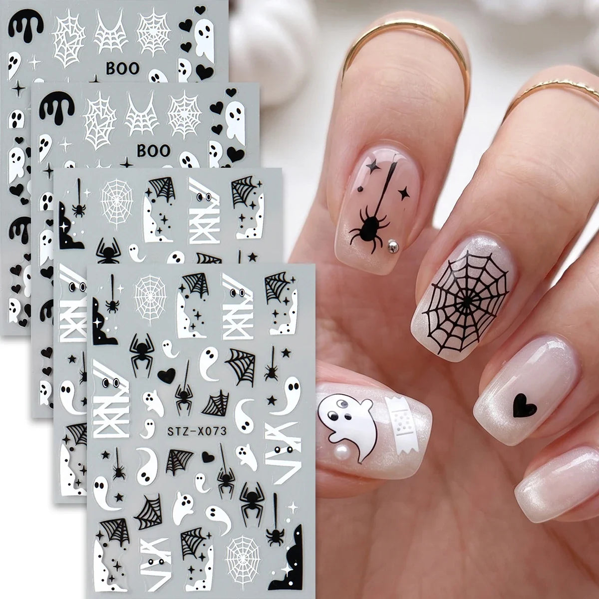 4pcs Black White Ghosts Halloween Nail Decals Cute Gothic Style Cartoon Ghosts Spider Webs Nail Decals DIY Manicure Decorations