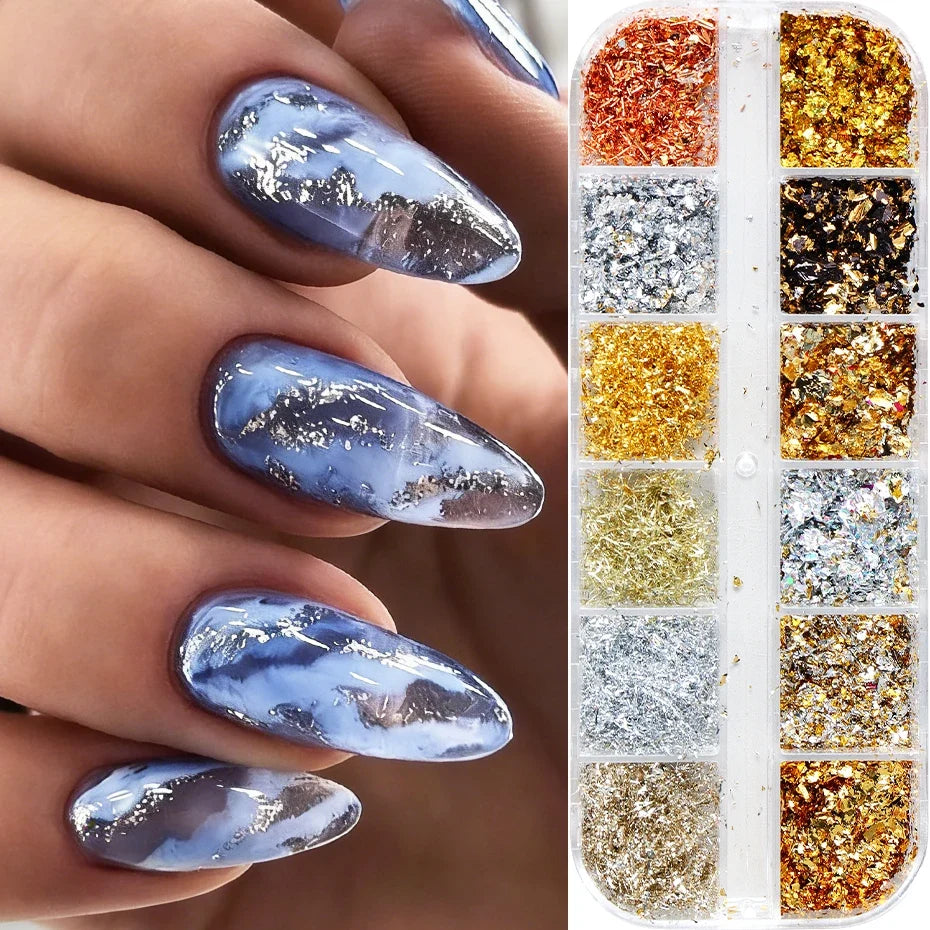 12 Grids Golden Silvery Foils Glitter Nail Art Flakes Sequins Gorgeous Nails Glitter Irregular Sparkles Flakes  Nail Art Decor