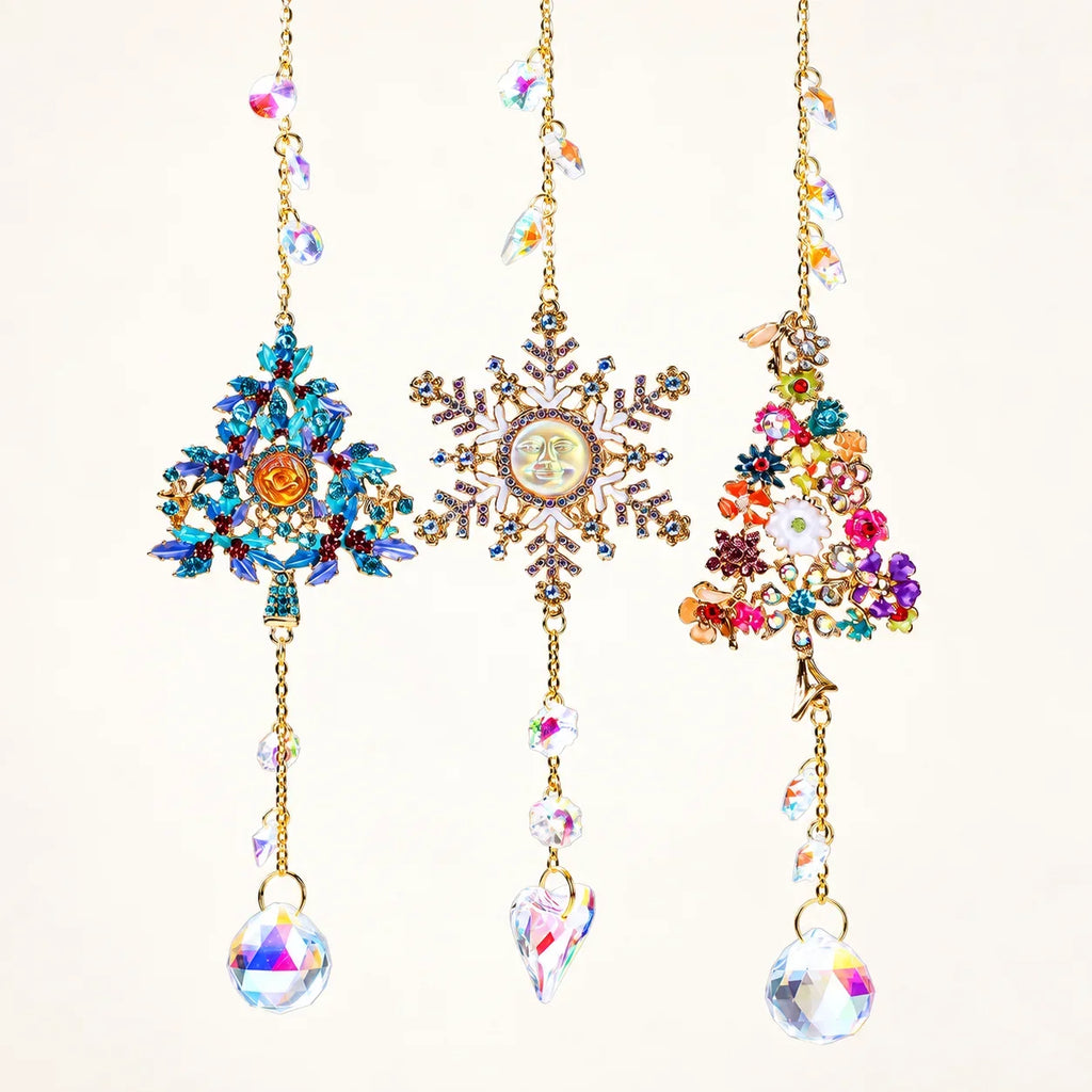 Crystal Christmas Tree Suncatcher Hanging Ornament with Rainbow Prism Ball, Sparkling Window Decor for Home Garden Gift