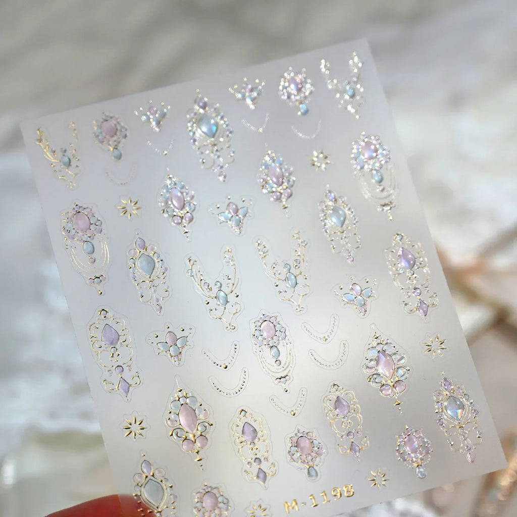 5D Luxurious Emerald Ruby Baroque Scepter Nail Stickers Shiny Palace Imitation Gemstone Jewelry Manicure DIY Decals Accessories