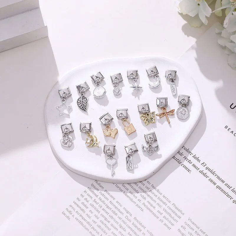 Unique Love Wings Moon Keys Bow Knot Crown Italian Charm Link Fit 9MM Stainless Steel Bracelet Women Men DIY Making Gifts